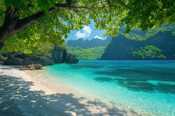 A tree overhangs a tranquil beach, its branches gently swaying above the rippling water. Peaceful, inviting scene blending nature's elements harmoniously.