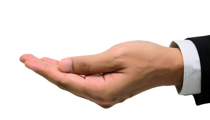 a close-up shot of a person's hand, extended with an open palm, wearing a suit