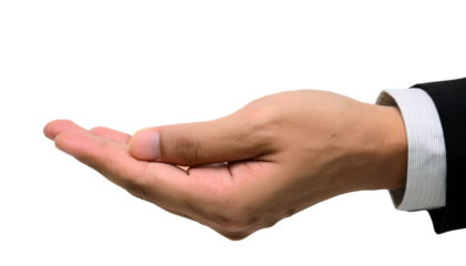 a close-up shot of a person's hand, extended with an open palm, wearing a suit
