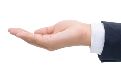 a businessman hand in a welcoming gesture, palm open 