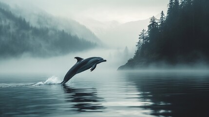 Obraz premium A dolphin leaps from the misty waters of a remote mountain lake