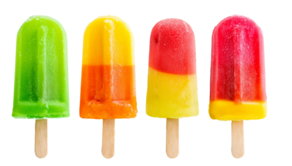 four colorful popsicle on a stick. The vibrant treats include green, orange, and red varieties, perfect for a hot summer day