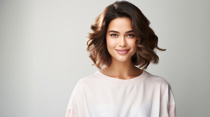 Obraz premium A professional, beautiful girl holding a confident pose against a white background, captured in a casual portrait.