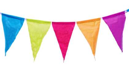 a colorful string of pennant flags against a bright background. The flags are triangular and each a different hue