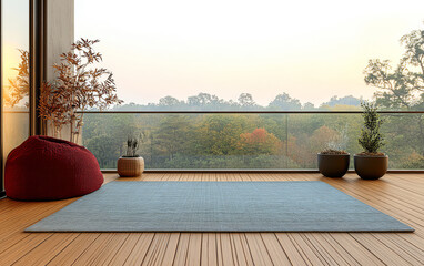 Serene balcony with natural decor overlooking a lush landscape at sunset