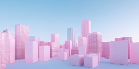 Abstract depiction of urban cityscape with pink and blue tones