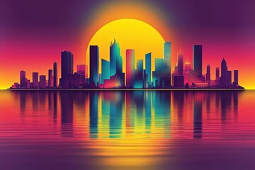 Obraz premium Vibrant city skyline silhouette over a reflective body of water