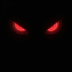 Two glowing red eyes in the darkness, menacing and watchful, conveying a sense of lurking evil and fear