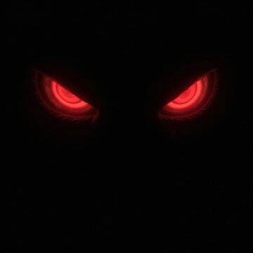 Two glowing red eyes in the darkness, menacing and watchful, conveying a sense of lurking evil and fear