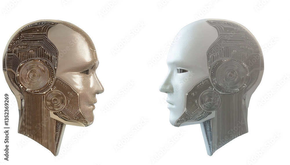 Poster two robotic humanoids facing each other, showcasing advanced technology and artificial intelligence.