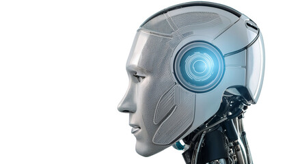a sleek robot with a human-like face, looking to the side, highlighting its futuristic design