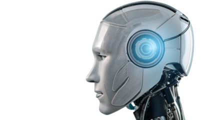 a sleek robot with a human-like face, looking to the side, highlighting its futuristic design