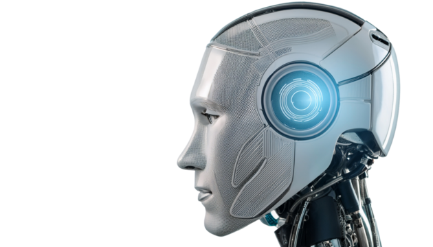 a sleek robot with a human-like face, looking to the side, highlighting its futuristic design