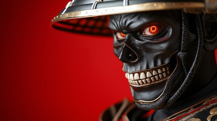 Skeleton warrior as samurai on red background 