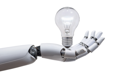 A robotic hand holding a glowing lightbulb, symbolizing innovation and intelligence. The image represents artificial intelligence and futuristic technology