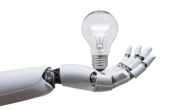 A robotic hand holding a glowing lightbulb, symbolizing innovation and intelligence. The image represents artificial intelligence and futuristic technology - Powered by Adobe