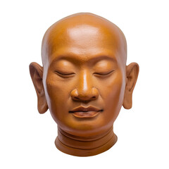 a serene close-up of a brown Buddha head with eyes closed in peaceful meditation, highlighting the simplicity and calmness of enlightenment.