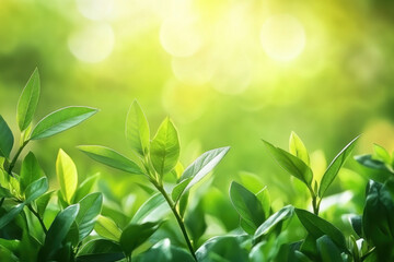 Fototapeta premium Green leaves flutter in the sunlight against a clear blue sky, casting intricate shadows on the ground below.