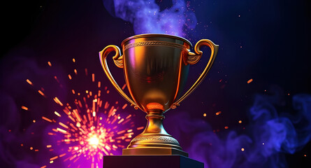 Golden trophy cup, dramatic lighting, fiery sparks