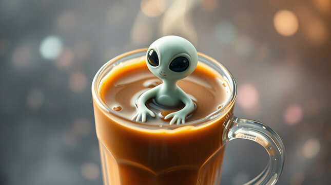 hot drink with an alien taking a batch in a cup of coffee