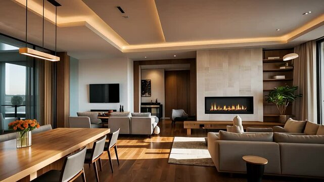 Modern luxury living room with elegant wooden furniture, ambient lighting, open layout and built-in gas fireplace

