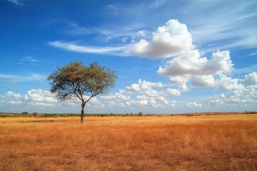 A lone tree stands tall in a grassy and open landscape