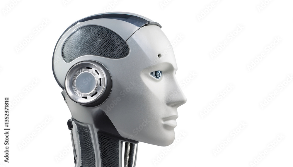 Poster a close-up of a realistic robot head, with a futuristic design and artificial intelligence concept. 