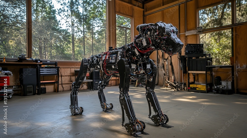 Poster cutting-edge robotic canine in a workshop setting