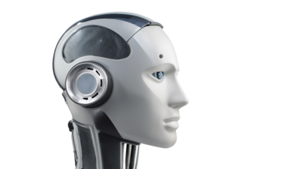 a close-up of a realistic robot head, with a futuristic design and artificial intelligence concept. The robot has a smooth, metallic exterior, giving it a modern and technological appearance