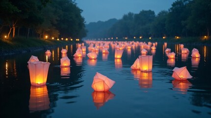 Illuminated lanterns floating peacefully on a serene river at dusk  