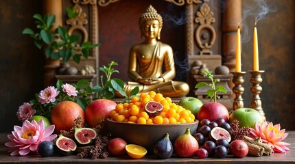 Fototapeta premium Buddha's Birthday Celebration with Fruits and Flowers on Altar 