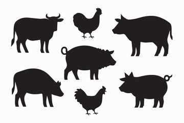 Assorted Farm Animals Silhouettes Set Black Cow, Pig, Boar, and Chicken Icons on White
