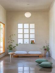 Minimalist interior design with natural elements in a tranquil setting