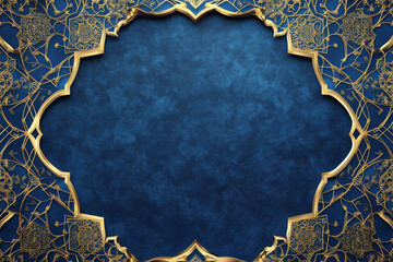 A luxurious design with a blue background and gold frame featuring intricate geometric patterns for elegant displays or settings