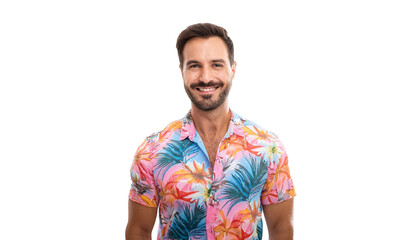Fototapeta premium a man with a cheerful expression wearing a colorful patterned shirt, captured in a studio setting
