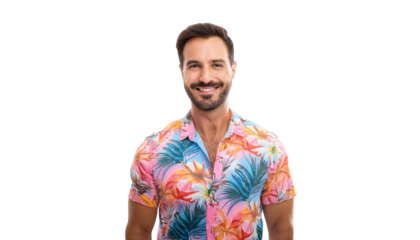 a man with a cheerful expression wearing a colorful patterned shirt, captured in a studio setting
