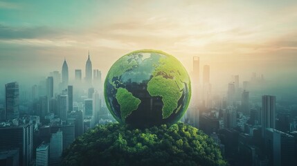 Earth globe composed of green landscape above city buildings