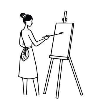 artist painting on easel, black and white clip art preview