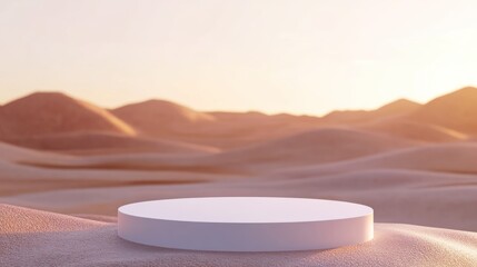 Empty white podium in desert sunset; product display