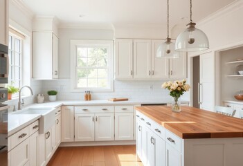 Bright, airy kitchen with white cabinets, farmhouse sink, and butcher block island, cabinets, appliances
