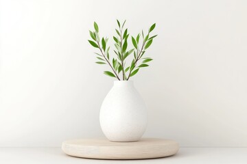 Minimalist vase with greenery on a wooden stand