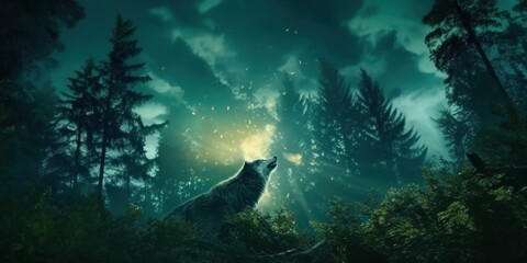Obraz premium A lone wolf howls under a starry sky, surrounded by towering trees and a mystical glow, capturing the essence of wilderness and the beauty of nature at night