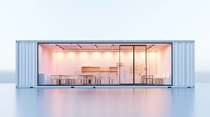 Minimalist modular shipping container building with glass and steel facade for temporary events exhibitions pop up stores or other showcasing purposes