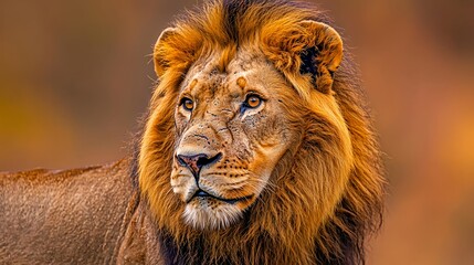 Fototapeta premium Majestic Male Lion in Motion Against a Golden Africa Background