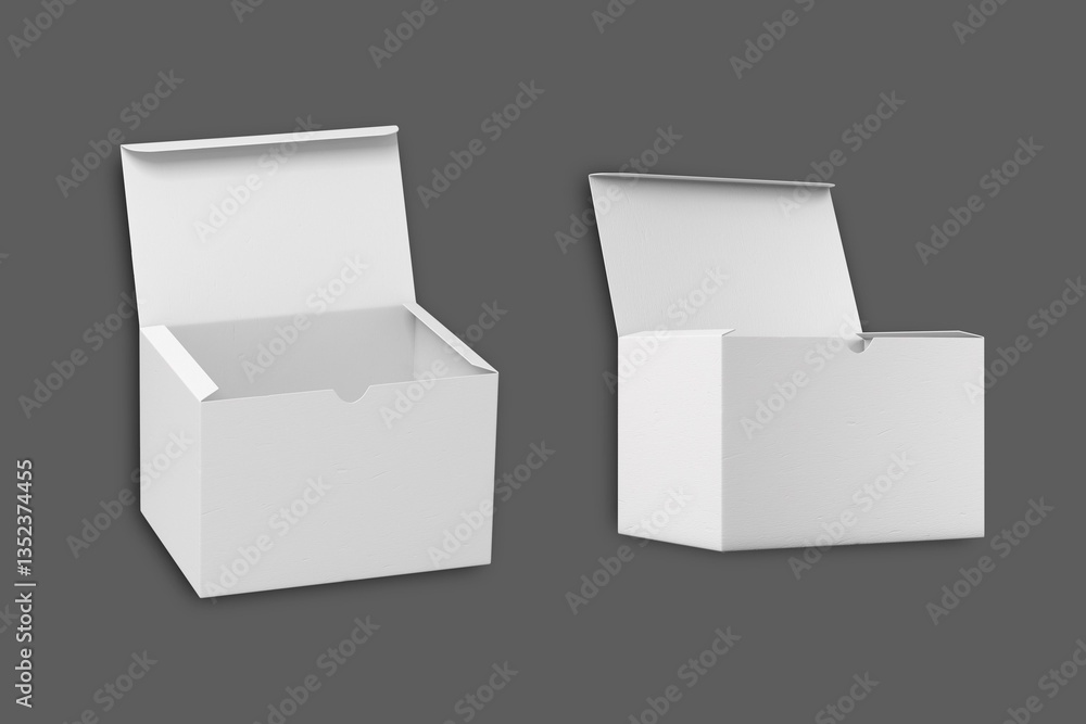 Poster isolated shot opened blank parallelogram box mock up on a dark background. set of blank white produc