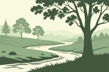 Obraz premium 16 Serene watercolor landscape, winding river, lush green trees, tranquil forest scene, soft misty background, gentle curves, verdant foliage, peaceful nature illustration, muted color palette, flowin