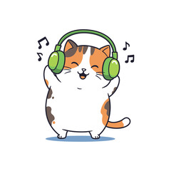 Calico Cat with Green Headphones Listening to Music Vector Illustration