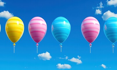 Naklejka premium Bright and Colorful Striped Balloons Floating Against a Clear Blue Sky with White Clouds for Celebrations and Festivities