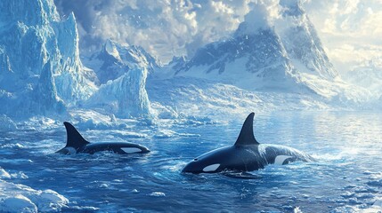 Naklejka premium Orcas in the Arctic Waters: Majestic Killer Whales in a Frozen Landscape