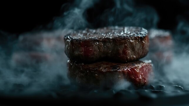 Two perfectly seared steaks, steaming hot, on a griddle